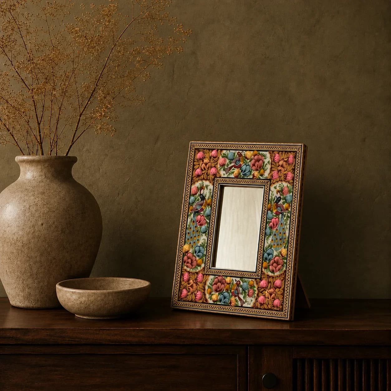 Miroir Hatem bordeaux à motif d'oiseaux, moyen modèle n° 2