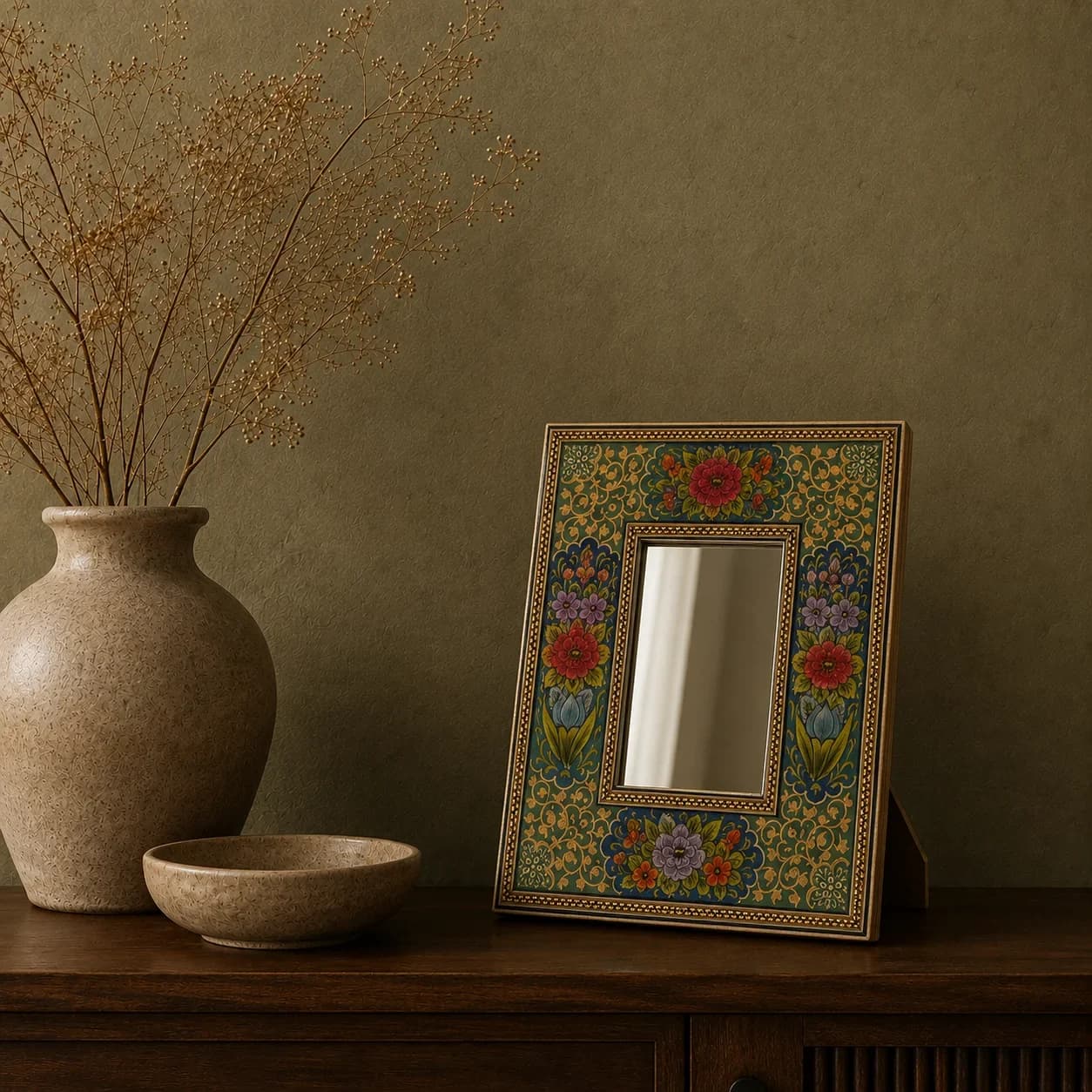 Miroir Hatem turquoise à motif floral, moyen modèle