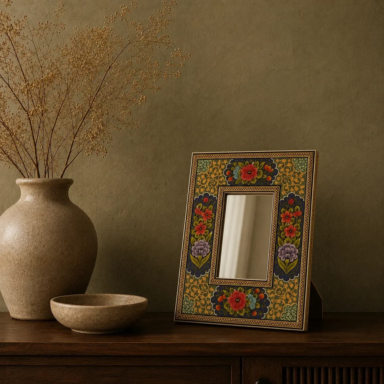 Miroir Hatem turquoise à fleurs rouges, moyen modèle