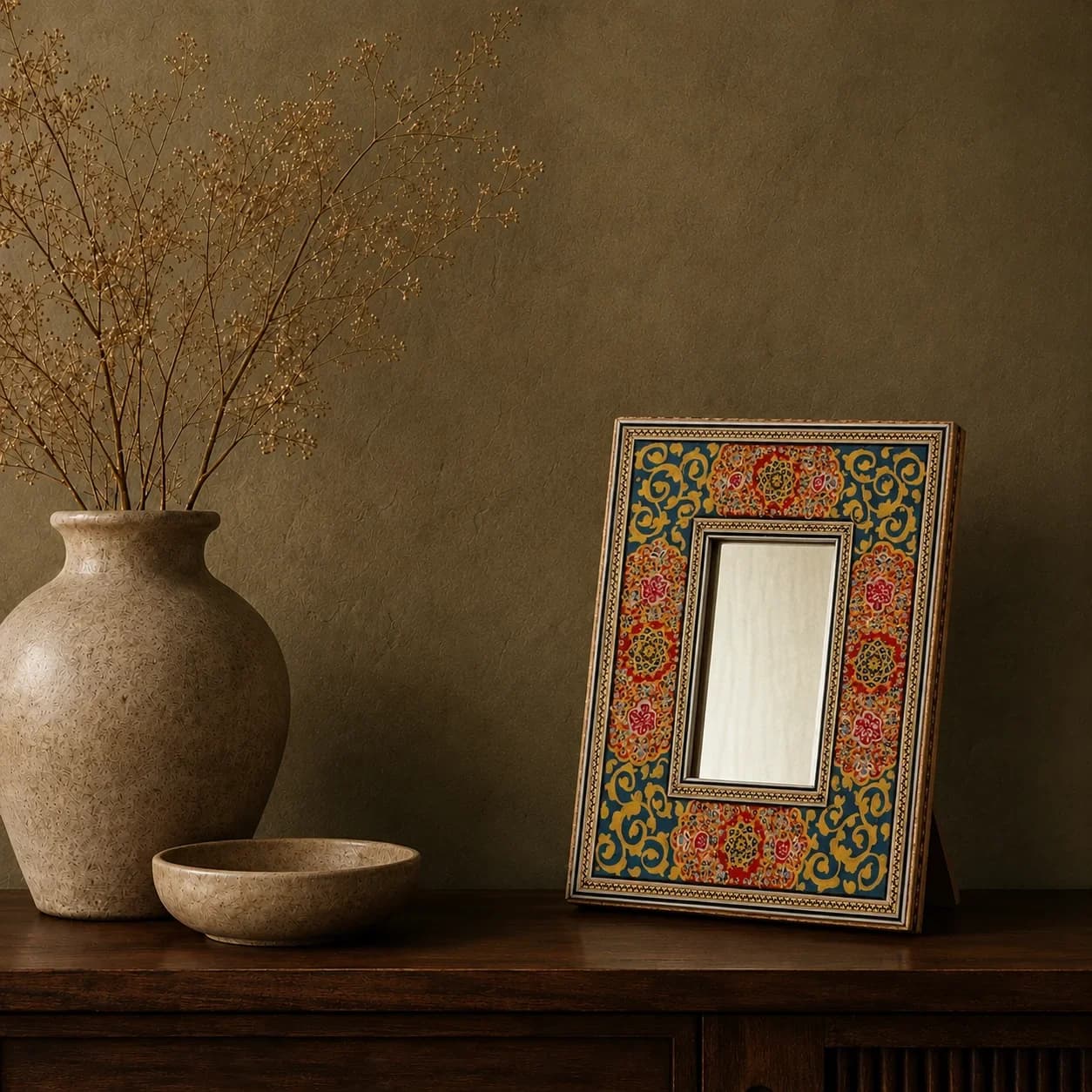 Miroir Hatem turquoise à décor rouge, moyen modèle