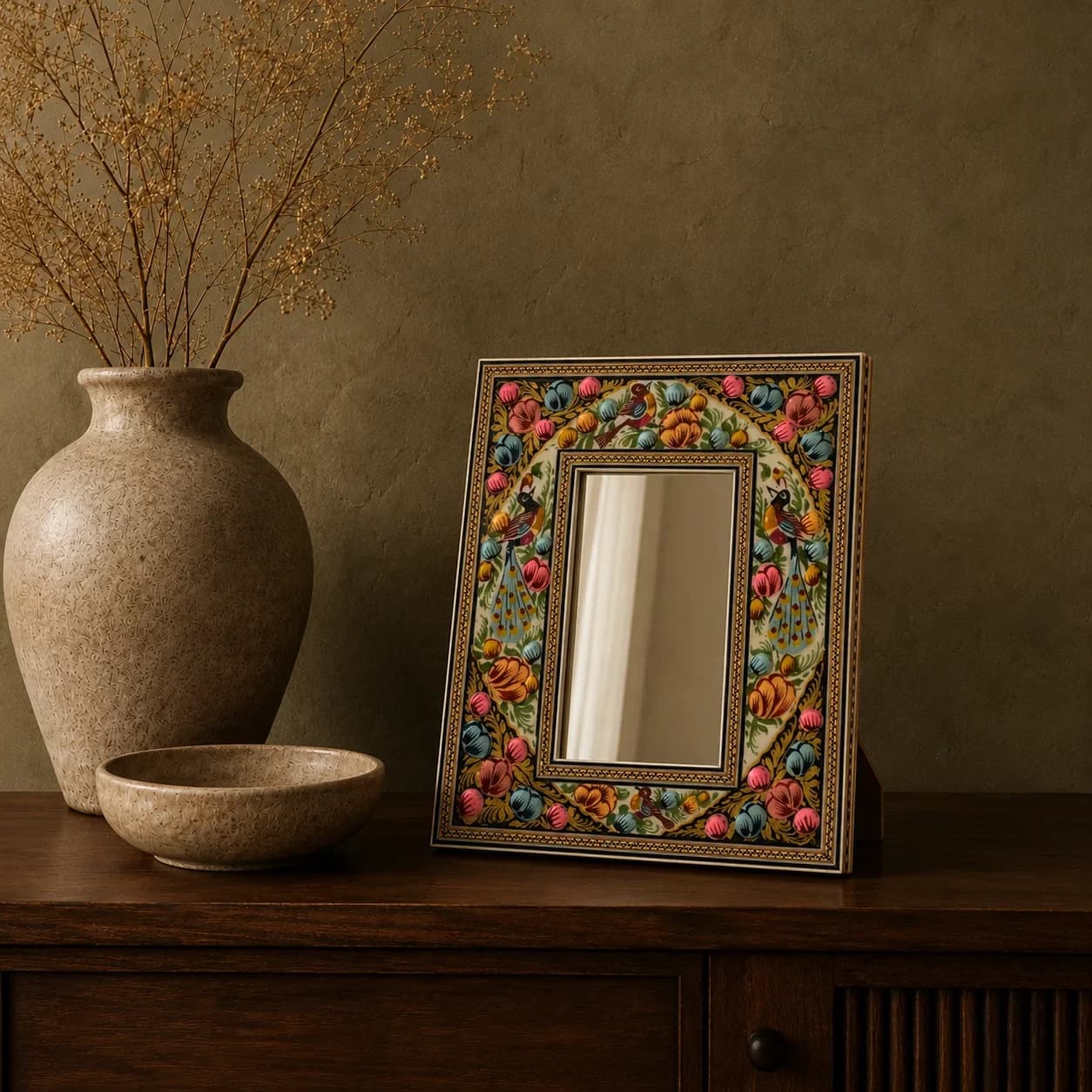 Miroir Hatem bleu marine à motif d'oiseaux, moyen modèle n° 1