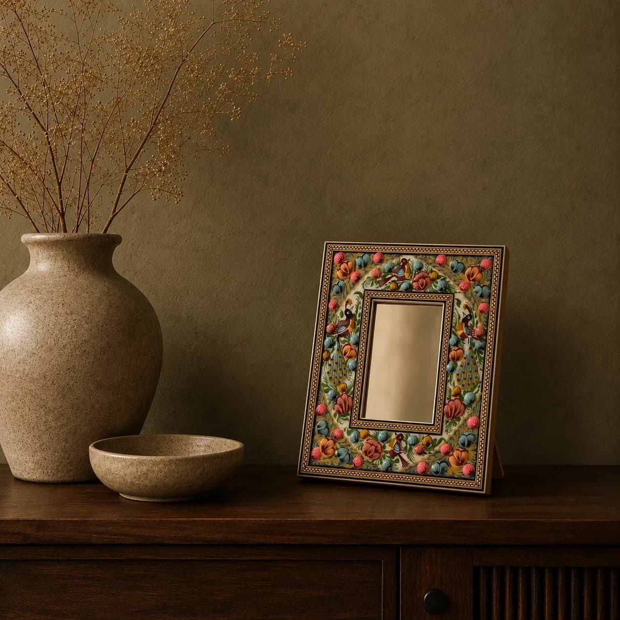 Miroir Hatem turquoise à motif d'oiseaux, moyen modèle n° 1