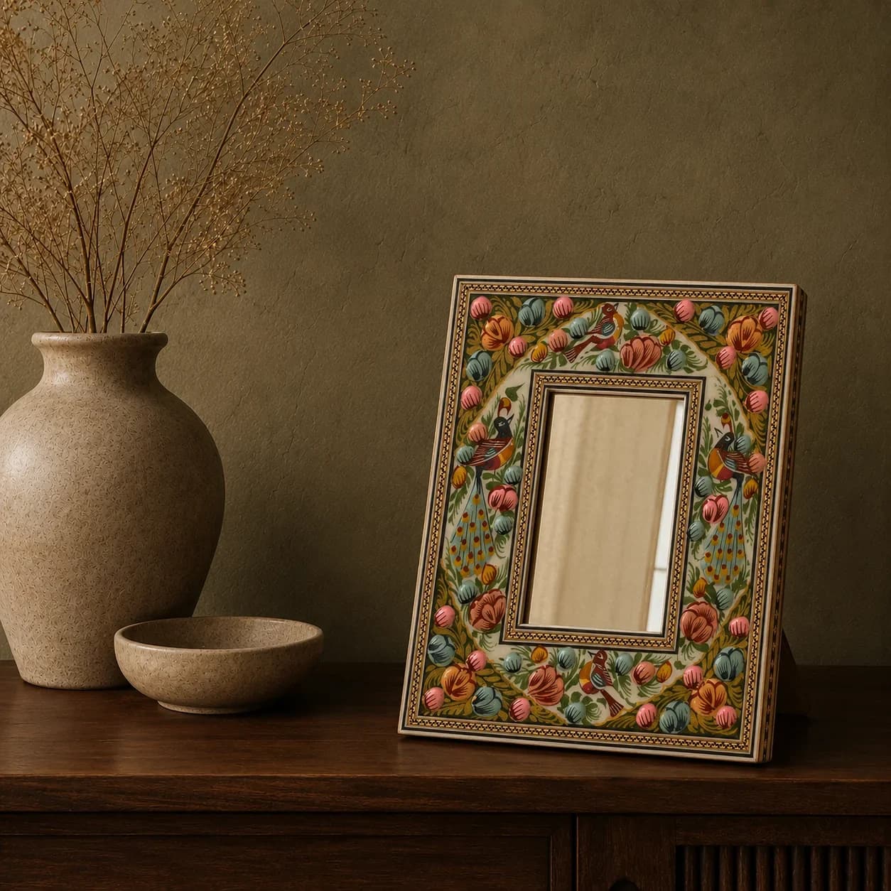 Miroir Hatem vert à motif d'oiseaux, grand modèle n° 1