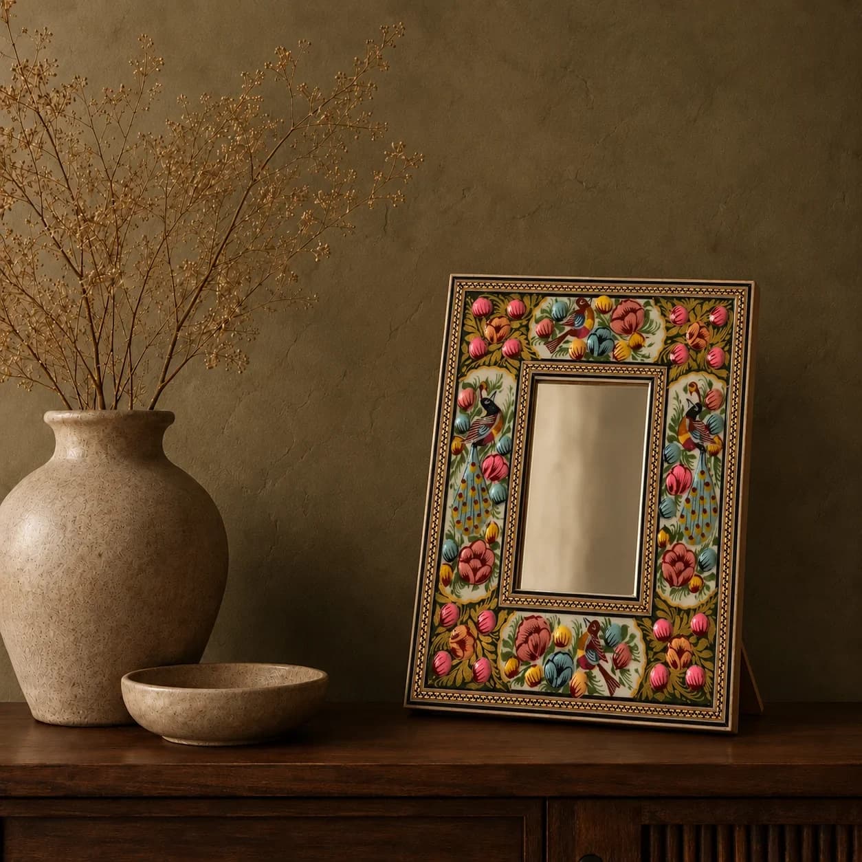 Miroir Hatem vert à motif d'oiseaux, grand modèle n° 2