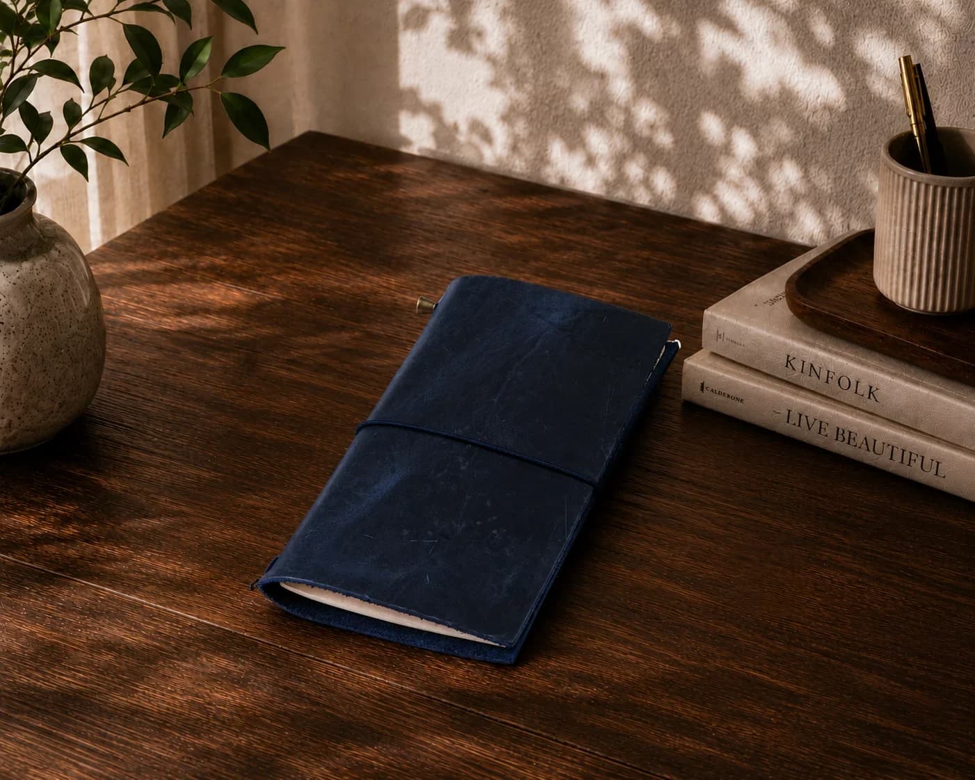 Couverture en cuir Ziryab pour carnet de voyage, bleu marine